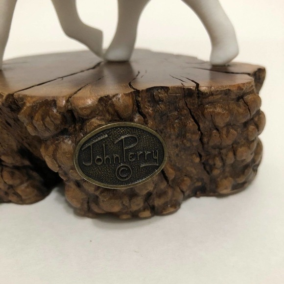 John Perry White Elephant On Natural Burl Wood Sculpture Figure Figurine Vintage - Picture 10 of 12